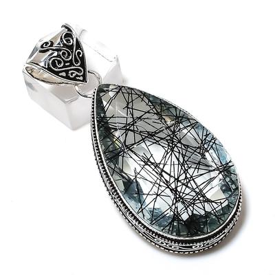 Zwarte Rutiel Edelsteen Handgemaakt 925 Sterling Zilveren Sieraden Hanger 2.40" u2V73