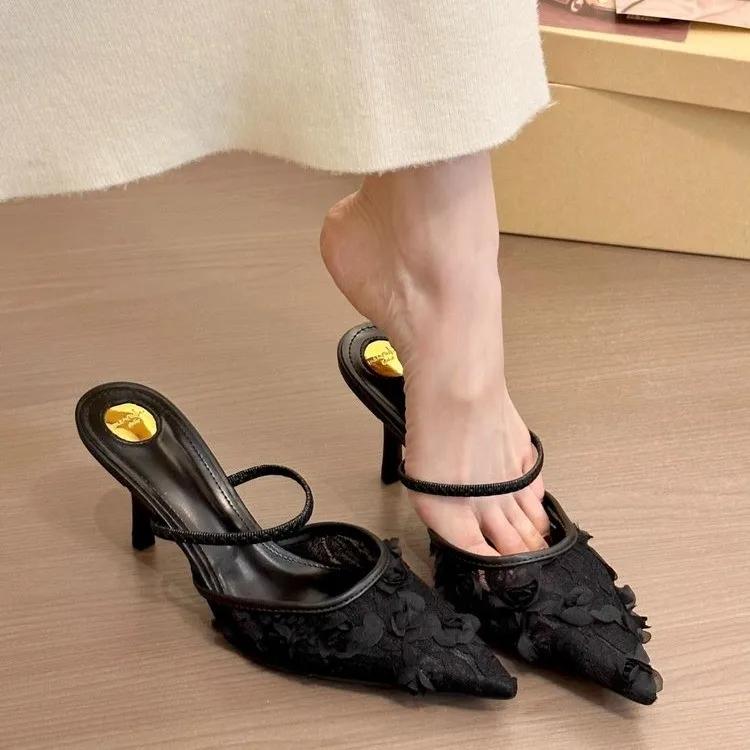 

Luxury Designer White Women Wedding Pumps Mesh Embroidered Flowers Back Strap Sexy Slingback High Heel Dress Shoes for Ladies 40 чорний