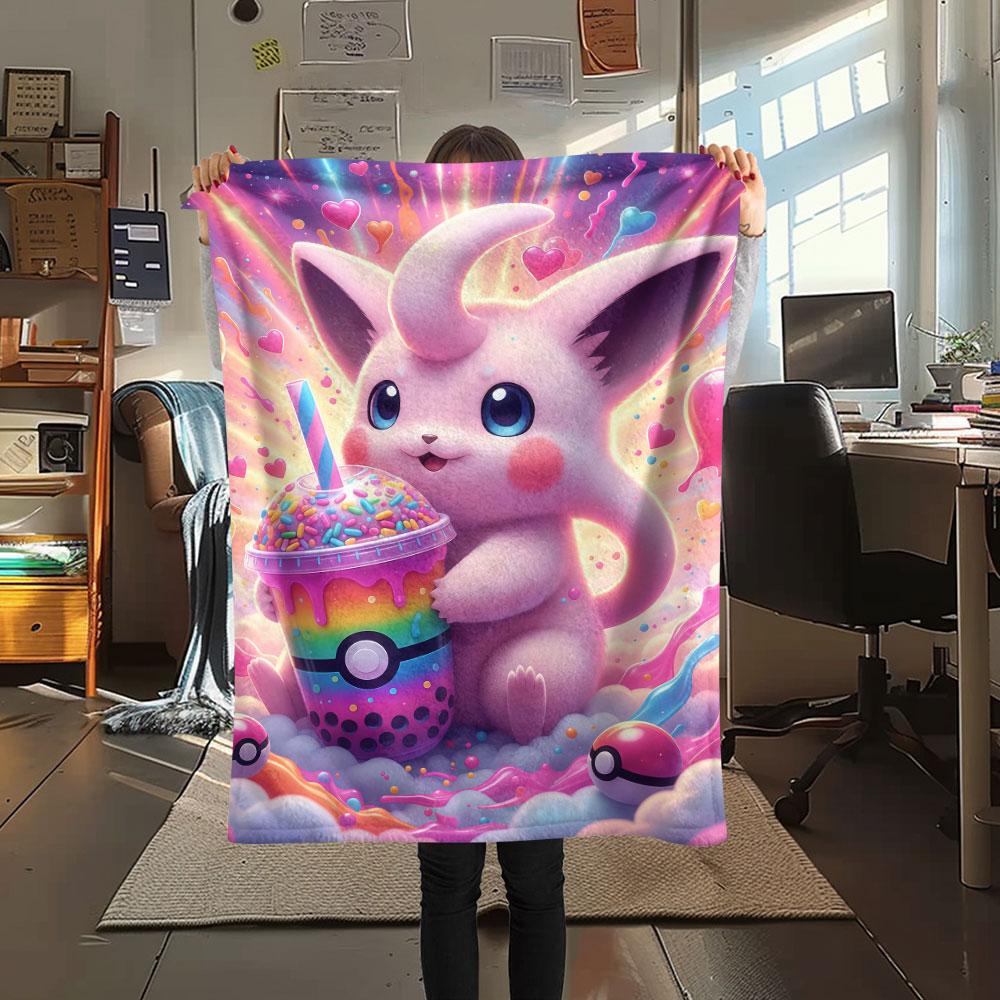 1Pc Pokemon drinks Print Flannel Blanket, High quality Comfortable for All Seasons, Home Decor, Warmth and Comfort, Perfect for Christmas Gifts