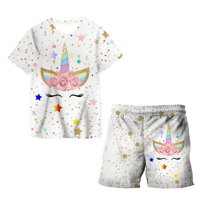 Unicorn Fashion Cute Girl Top T-shirt Short Sleeve+Shorts Two Piece Set Girls' and Children's Top Short Sleeve