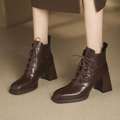 Mode NEU Herbst Damenstiefel Spaltleder Schuhe für Damen Eckige Zehenpartie Klobiger Absatz Schuhe Schnürstiefel Moderne Stiefel Weiche Handgefertigte Alltagsschuhe
