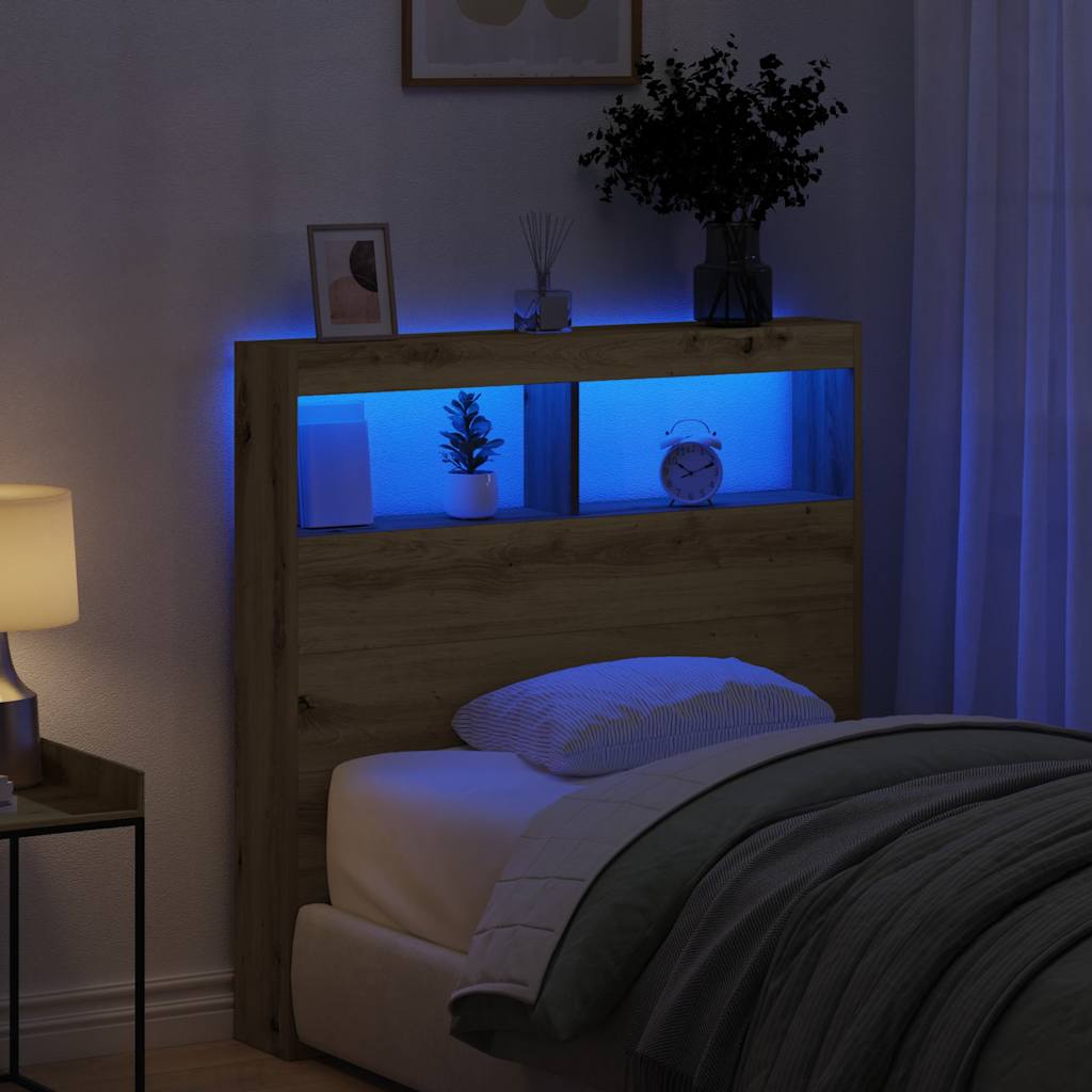 LED Headboard with Shelves Artisan Oak Finish 100 x 17 x 102 cm