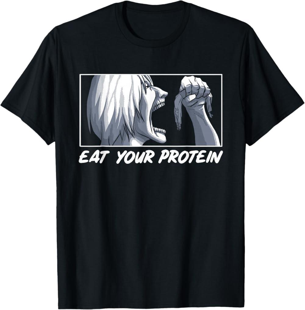 NEW LIMITED Eat Your Protein Anime Gym Manga Bodybuilding Fitness Anime T-Shirt L