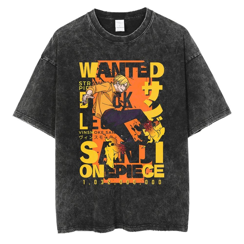 Harajuku Fashion Vintage TShirt Japanese ONE PIECE Anime Graphic Oversize T Shirt Washed Tshirt Men Summer Cotton Tops Tees