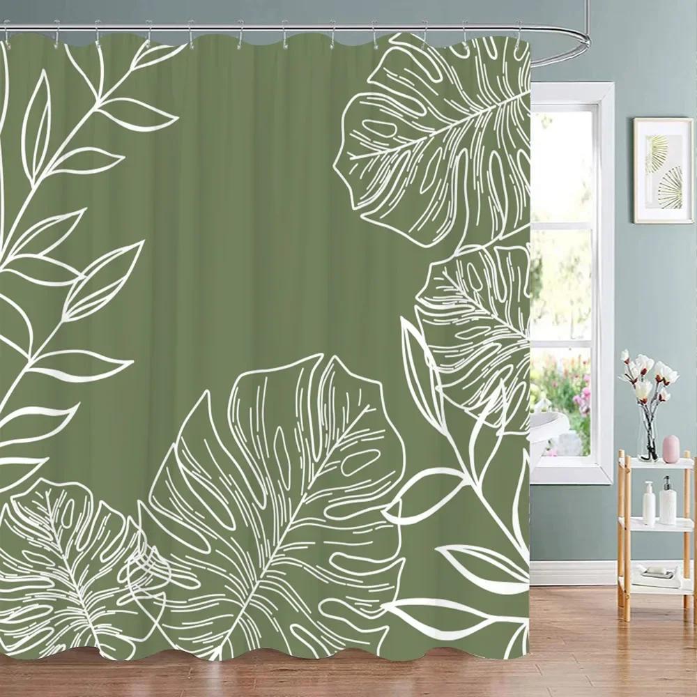 Green Plant Fabric Shower Curtain Tropical Monstera Leaf Shower Curtains For Bathroom Decor Minimalist Botanical Decorative
