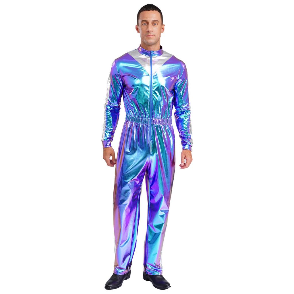 Combinaison de fête scintillante pour homme M-3XL: Body Brillant avec Bloc de Couleurs & Taille Élastique, Manches Longues Mode pour Club & Événements