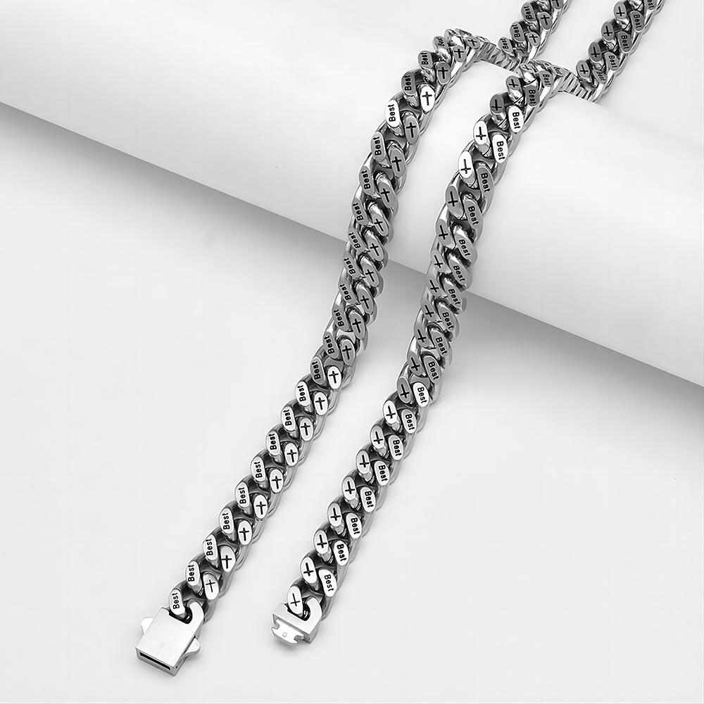 Hip Hop Titanium Steel Engraving Cuban Necklace Men's Brushed Necklace Stainless Steel Four-Sided Grinding Denim Chain Figaro Necklace