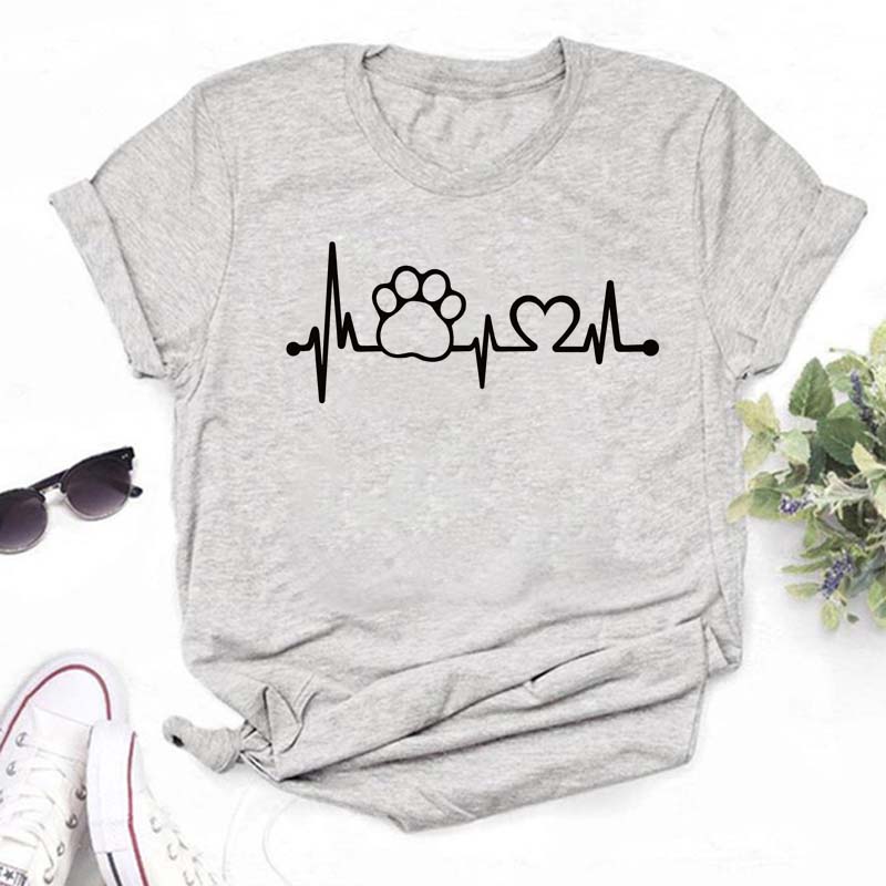 Women Dogs Paws Love Heart Printed T-shirts Fashion Summer Short Sleeve Lady Womens Clothes Tops T-Shirt Black Shirt Tees Female