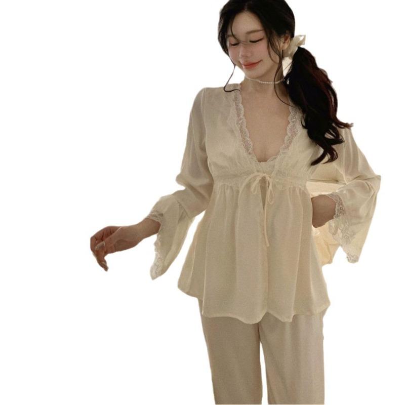 Autumn New Suspender Trousers Pajamas French Sexy Lace Three-piece Loungewear Ice Silk Zhao Ruth Same Style