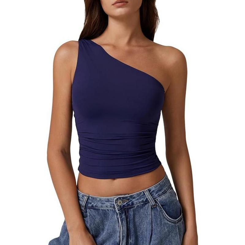 Women Summer One Shoulder Solid Slim Fit Cropped Tank Top