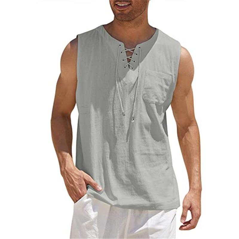 New Hot Selling Men's Tank Top Shirt Lace Up Fashion Solid Color Cotton Linen Short Sleeve T-Shirt