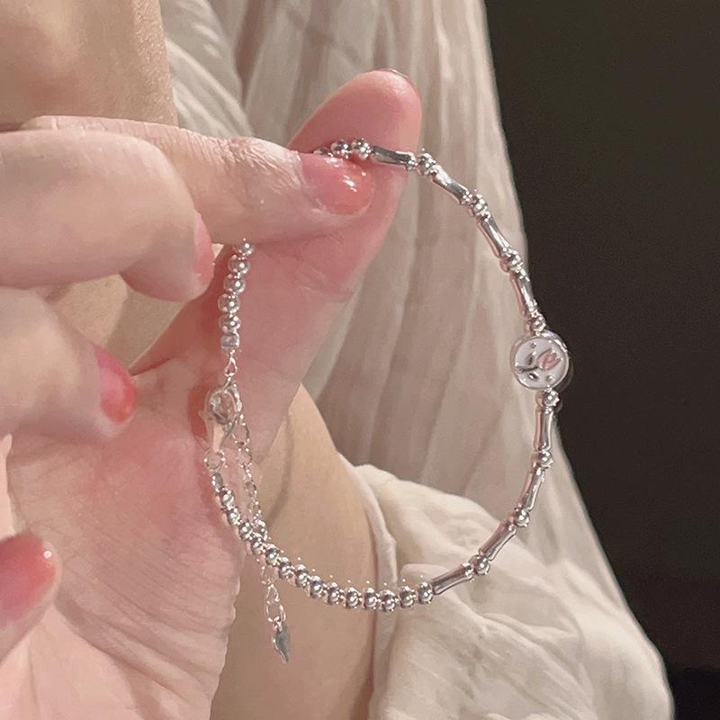 925 Sterling Silver Dripping Glaze Round Bead Tulip Bracelet For Women Flowers Temperament Jewelry Party