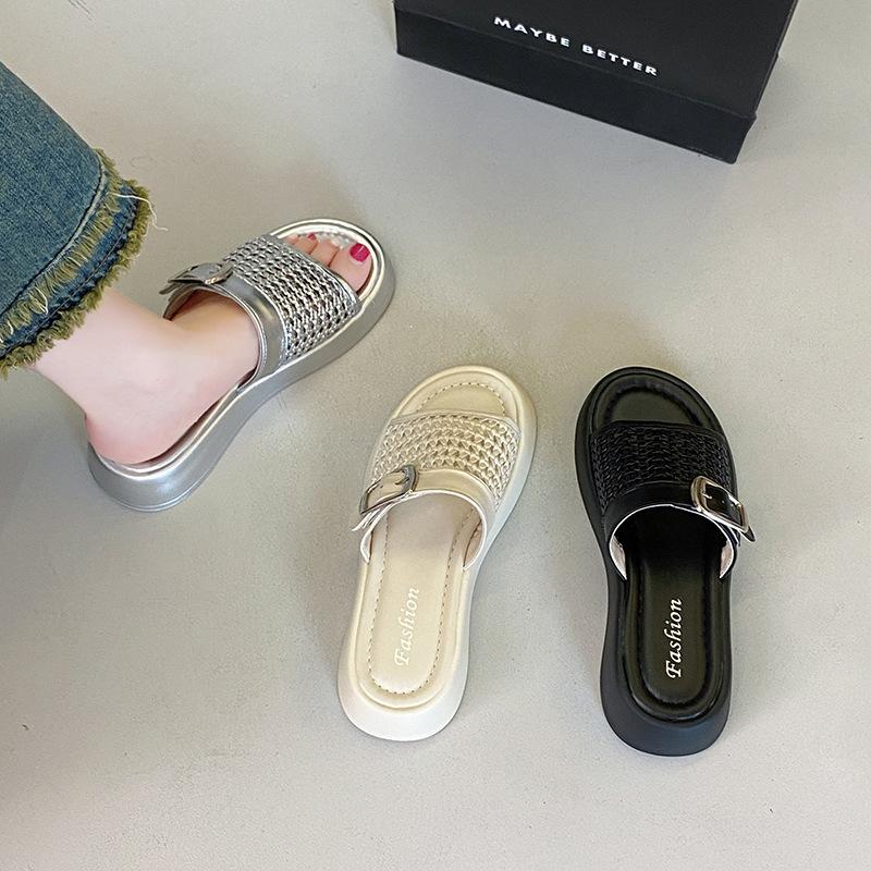 Korean Version of Thick-bottomed Cool Slippers for Women To Wear 2025 Summer New Fairy with Skirt Hollowed-out Woven One-word Cool Slippers