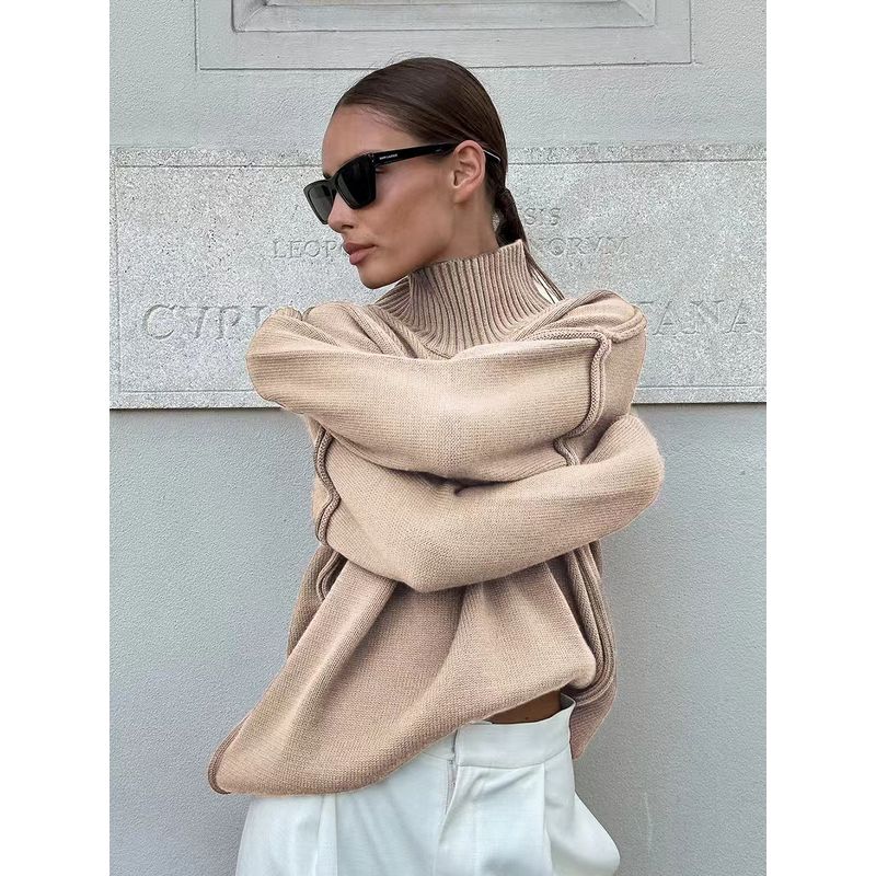 

Европейский и американский осенне-зимний новый однотонный повседневный свободный свитер-топ с высоким воротником Kakh L