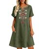 Robe Tunique Unie Brodée Décontractée Ample pour Femme Manches Courtes Col en V avec Poches Légère Confortable