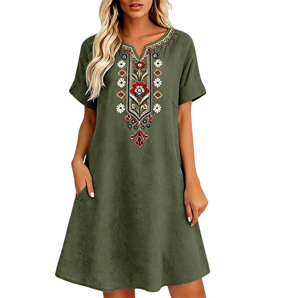 Robe Tunique Unie Brodée Décontractée Ample pour Femme Manches Courtes Col en V avec Poches Légère Confortable