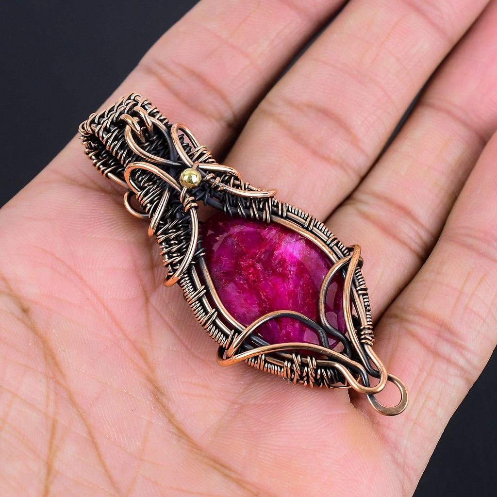 Ruby Pendant Gemstone Jewelry, 999 Copper Wire Wrapped Handmade Pendant, Latest Design Jewelry