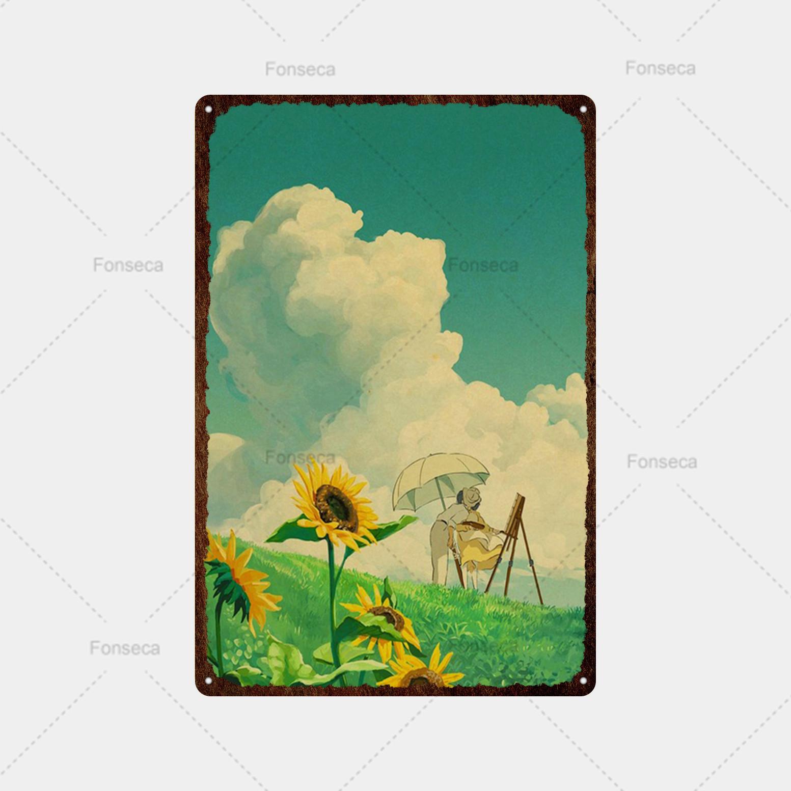 Винтажная металлическая жестяная вывеска, японское аниме Тоторо, девушка, пейзаж, жестяная живопись, домашний декор для гостиной, уникальная металлическая вывеска 20x30cm