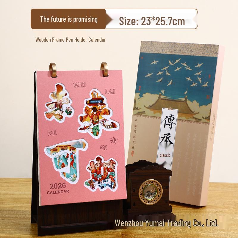 2026 Wooden Desk Calendar & 3D Hollow Pen Holder - Creative Desktop Ornament & Monthly Check-In Calendar