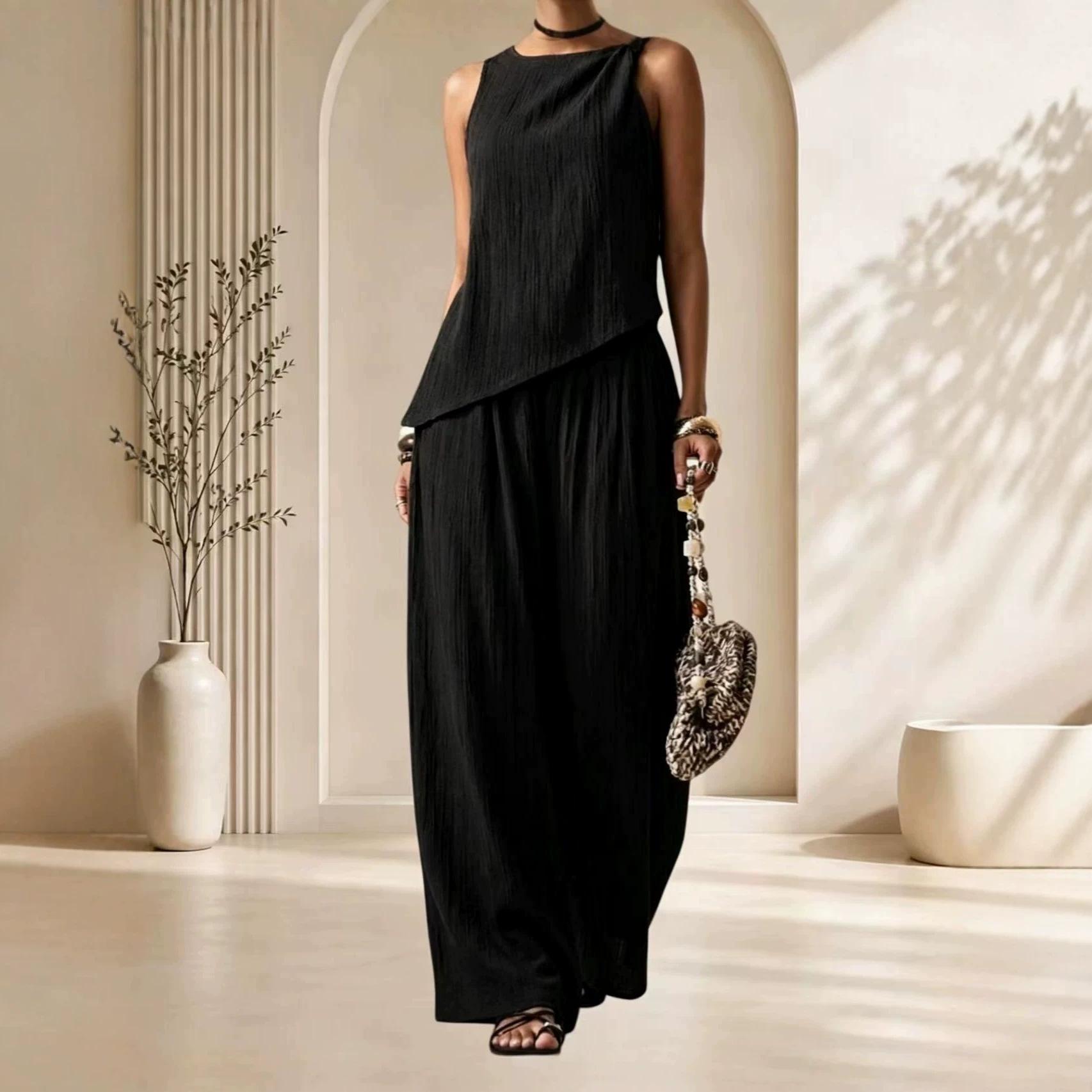 2026 Amazon Independent Station Popular Women s Clothing Casual Retro Brown Texture Sleeveless Wide Leg Pants Set S чёрный