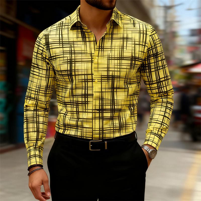 2025 New Men's Trendy Geometric Line Print Long-sleeved Shirt 18 Colors Personality Fashion Slim Lapel Casual Versatile Shirt