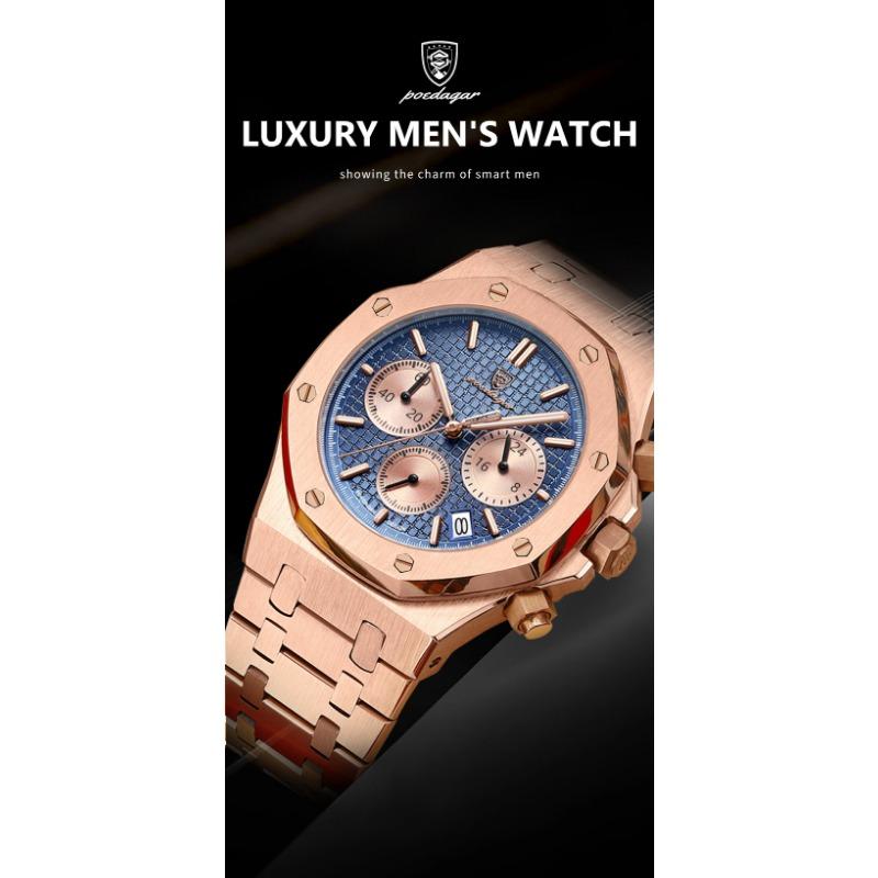 POEDAGAR Luxury Men's Watches Stainless Steel Date Chronograph Male Watch Waterproof Luminous Military Quartz Wristwatch