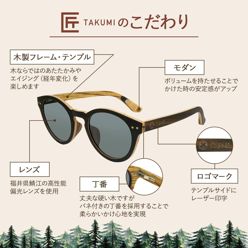iZONE Polarized Wooden UV WOOD IDRIVE TAKUMI for Golf [iZONE] High-Performance Sunglasses, Frame, Protection, P618-DRGY2, Driving, Fishing, (Brown)