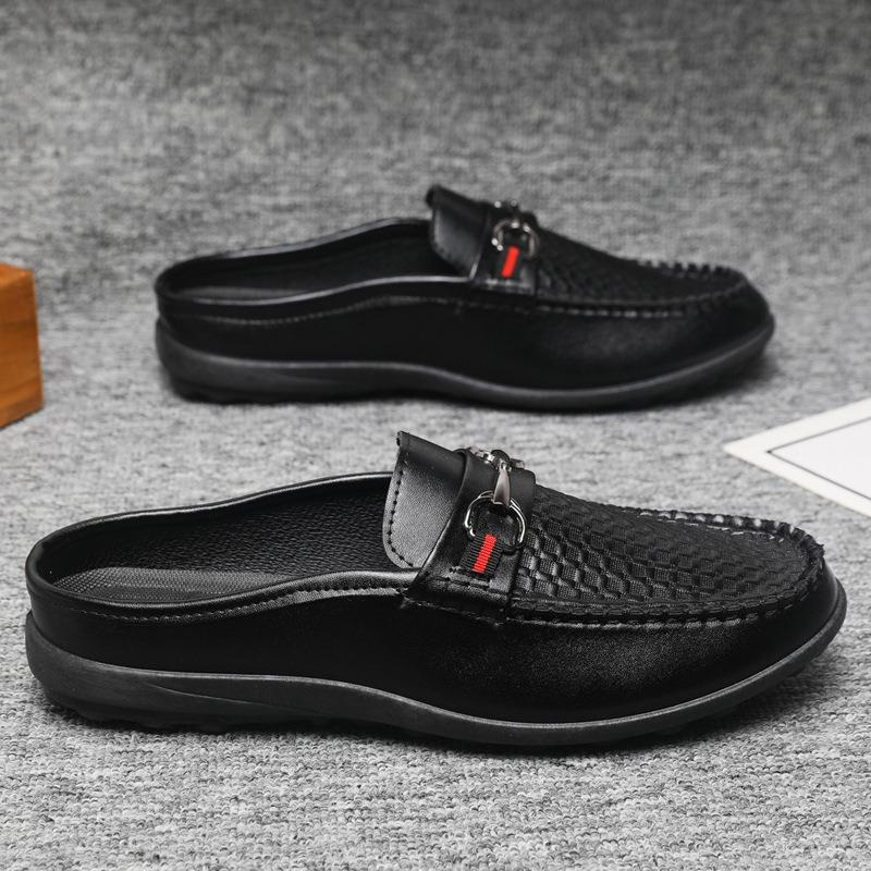 Men's Fashion Embossed Metal Buckle Casual Slip-On Leather Loafers Large Size.