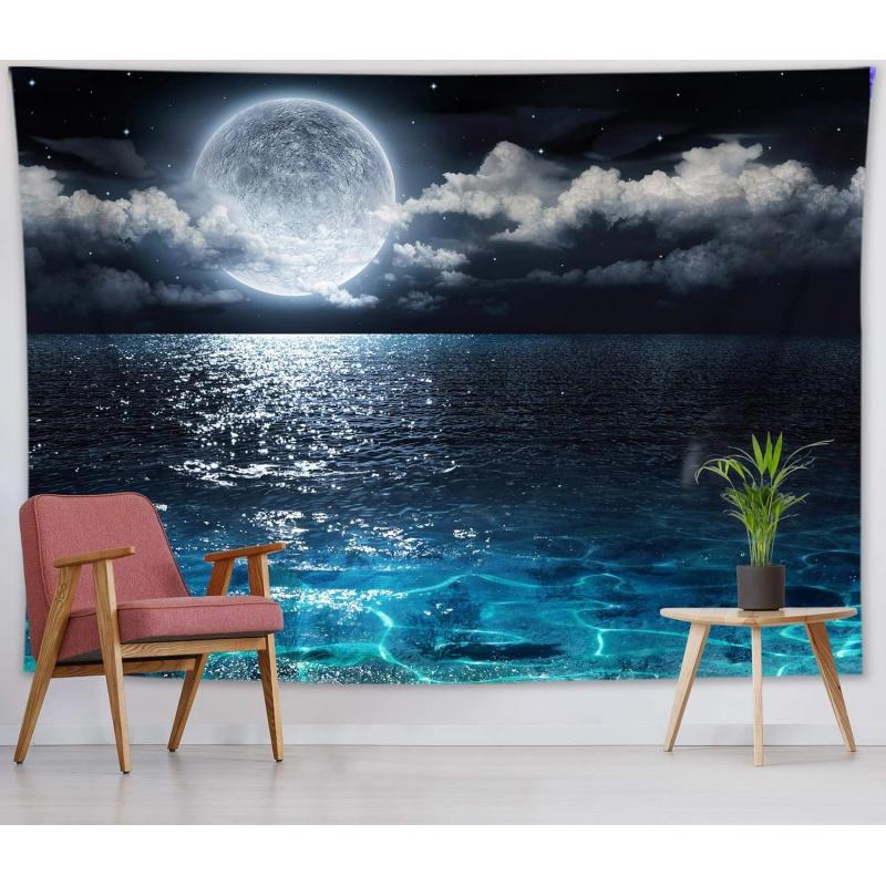 Sea Moonrise Tapestry Ocean Waves and Moonlit Night Living Room, Bedroom, Headboard Feature Wall Home Decor