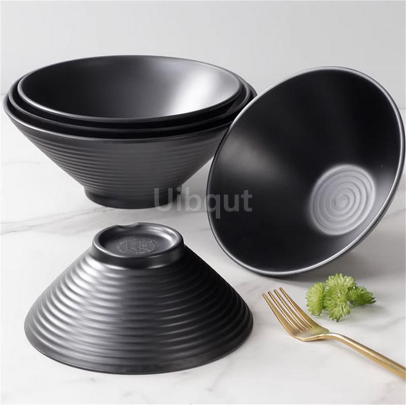 Black Melamine Tableware Black Matte Stripe Ramen Bowl Plastic Household Rice Noodle Salad Bowl Kitchen Dumpling Ramen Bowl Set