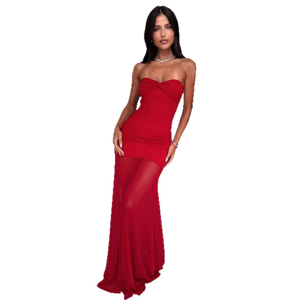 Summer European and American cocktail banquet sexy and charming off-the-shoulder chest wrap see-through mesh long skirt
