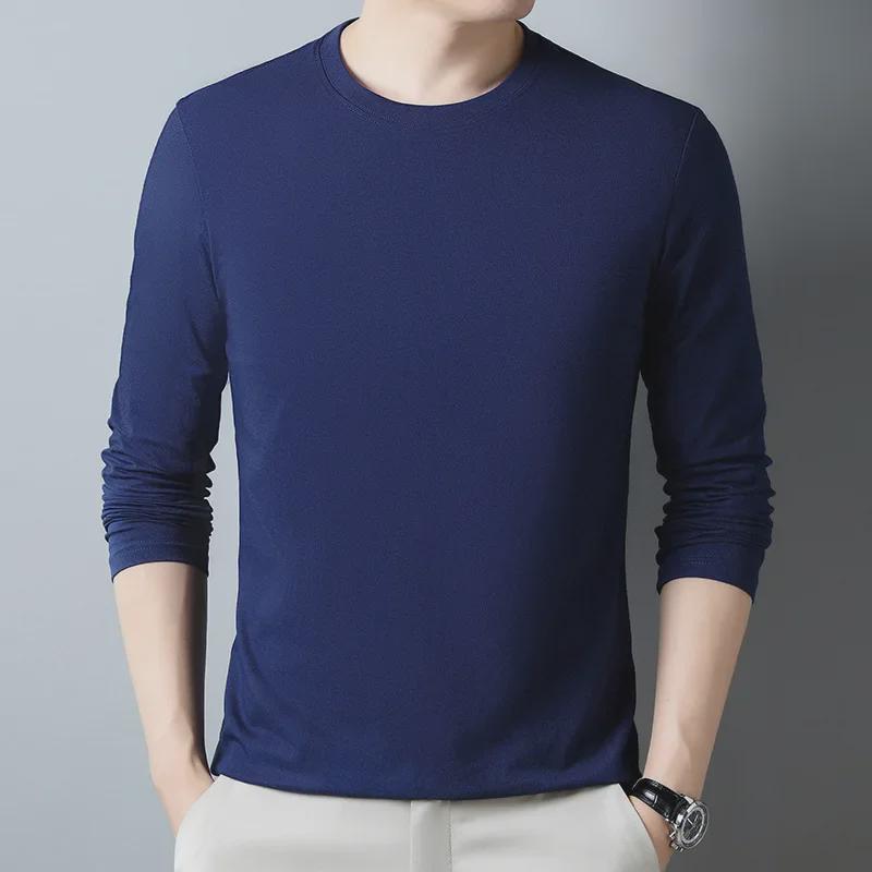 Men's 100% Polyester Long-Sleeve Round Neck T-Shirt - Solid Color, Casual & Versatile for Spring & Autumn.