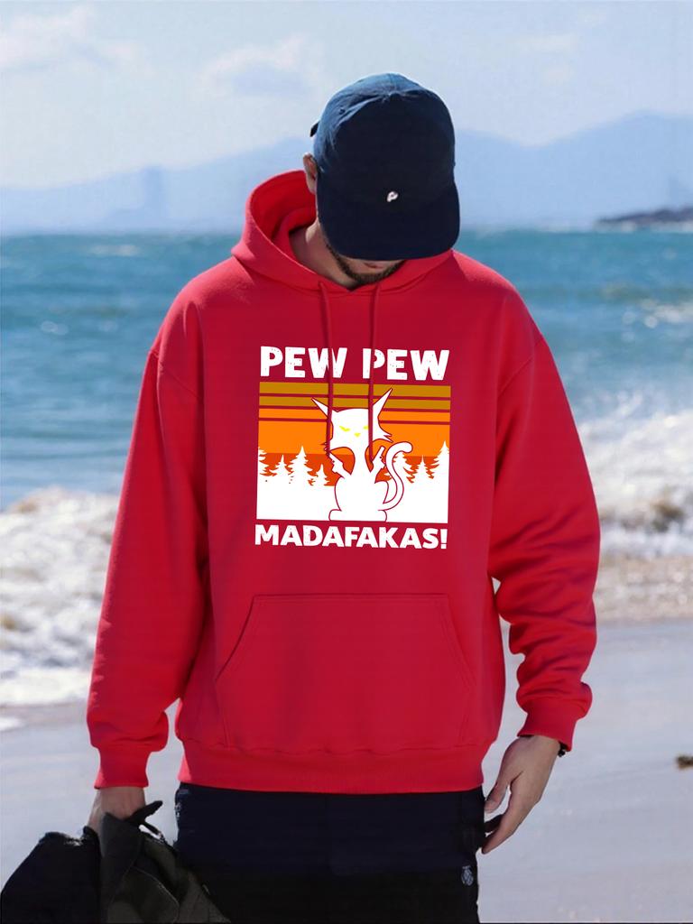 Pew Pew Madafakas Cats Printing Hoodies Mens Casual All-Match Clothing Man Oversized Pocket Hoody Autumn Fleece Streetwear