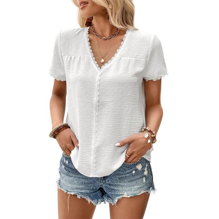 Women Summer Loose V Neck White Lace Short Sleeve Blouse Shirt