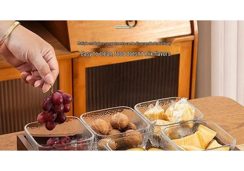 Luxury Glass Walnut Fruit & Snack Plate with Candy Compartments for Living Room Coffee Table