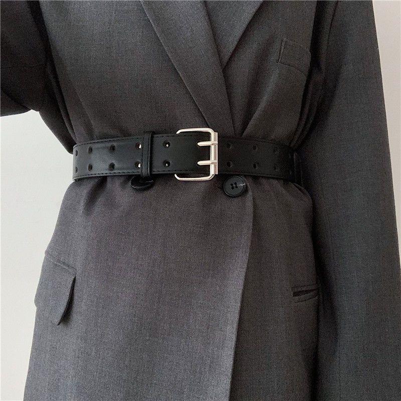 Trendy Black Pu Waist Belt With Double Holes For Vintage Inspired Casual Attire