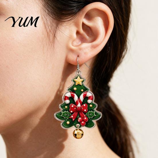 Festive Fashion Jewelry 1 Pair Acrylic Christmas Tree Dangle Earrings, 2D Flat Xmas Stocking Stuffer Bow Candy Cane Earrings with Bell, Holiday Party