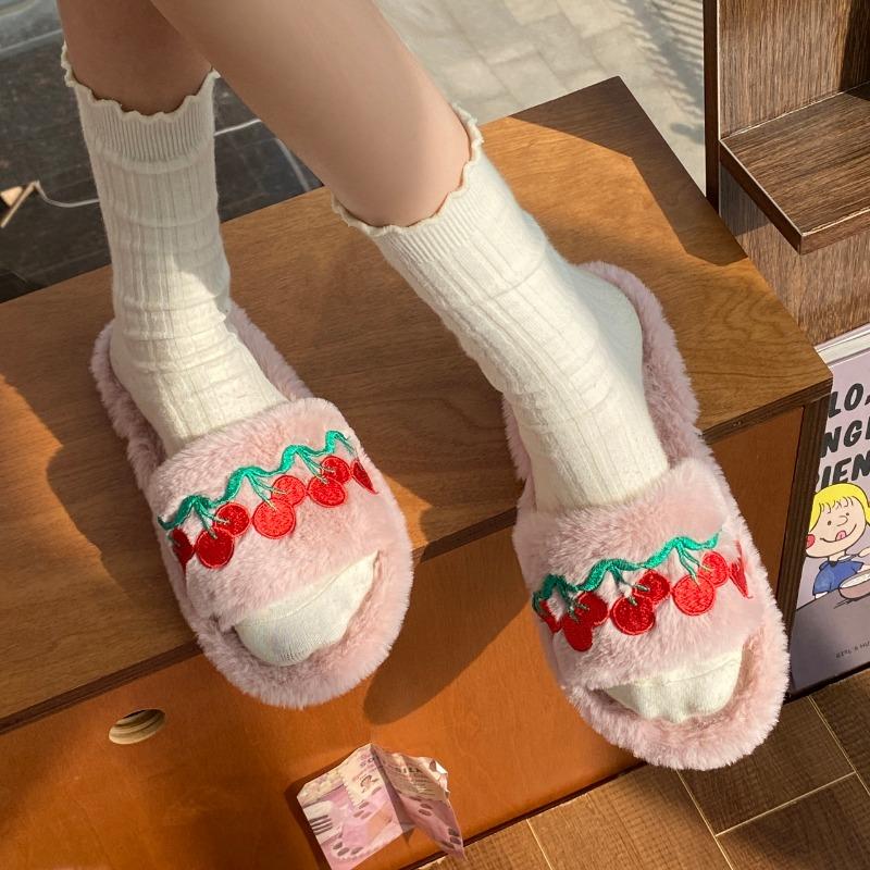 Fashion 2025 New Strawberry Cherry Embroidery Summer Fluffy Slippers Indoor Slippers Female Women Slippers Casual and Comfortable Shoes