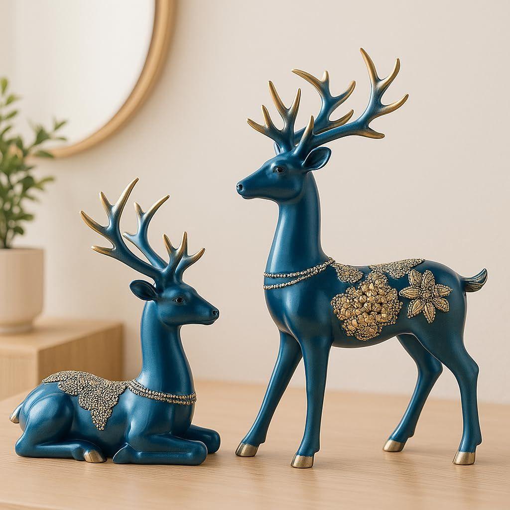 Creative Resin Golden Reindeer Sculptures | Beautiful Home Decor | Lifts up Energy of Your Room - (Pack of 2, Blue)