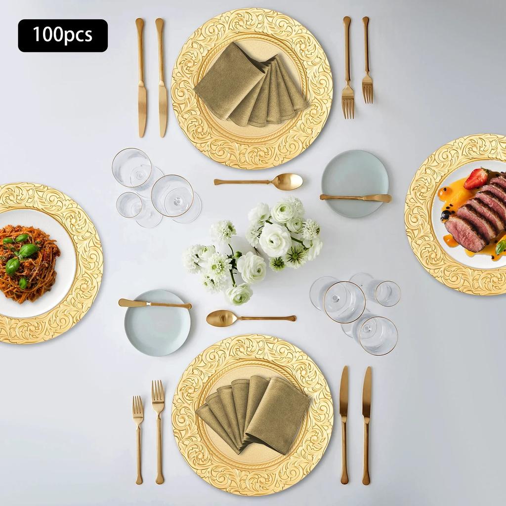 100 Gold Round Placemats Wholesale, 13-Inch Vintage Placemat Set, Plastic Embossed Dinner Plates, Reusable (Gold)