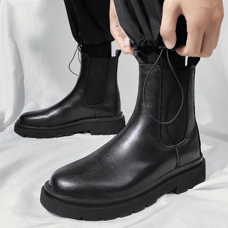 Fashion Chelsea Boots Men's Casual Leather Biker Boot High Top Slip-on Popular Trendy All-match Street Fashion Waterproof Anti-wear Shoe