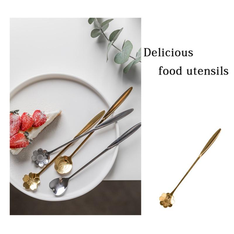 Stainless Steel Tea Spoons Set Gold Silver Flower Coffee Spoon Honey Dessert Ice Cream Scoop Long Handle Teaspoon Tableware