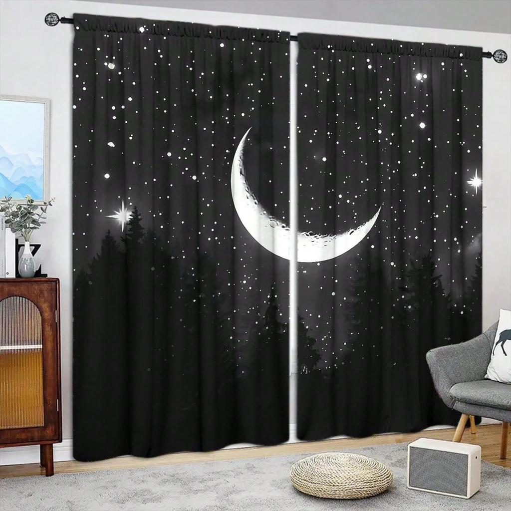 2pcs Black And White Starry Sky Crescent Moon Decorative Curtains   Warm In Winter   Insulated In Summer   Energy-Saving Suitable