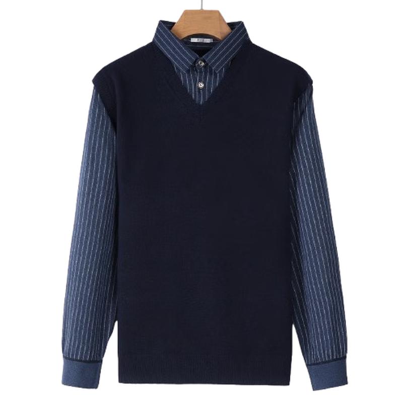 

SNOWFLYING Men s Vertical Stripe Jacquard Faux Two-Piece Knit Sweater 4XL