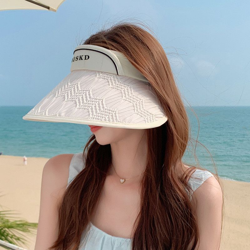 

Summer 8542 Outdoor Sun Hat Women s Big Brim Stripes Face Slimming Topless Hat Easiest for Match Fashion K-style Sun Hat Beige