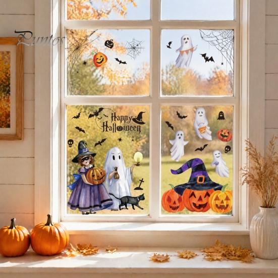 Halloween Static Window Clings 2Pcs Watercolor Clings, Ghost Witch Pumpkin Black Cat Bat Decals, No-Glue Wall Stickers Removable Glass Stickers,