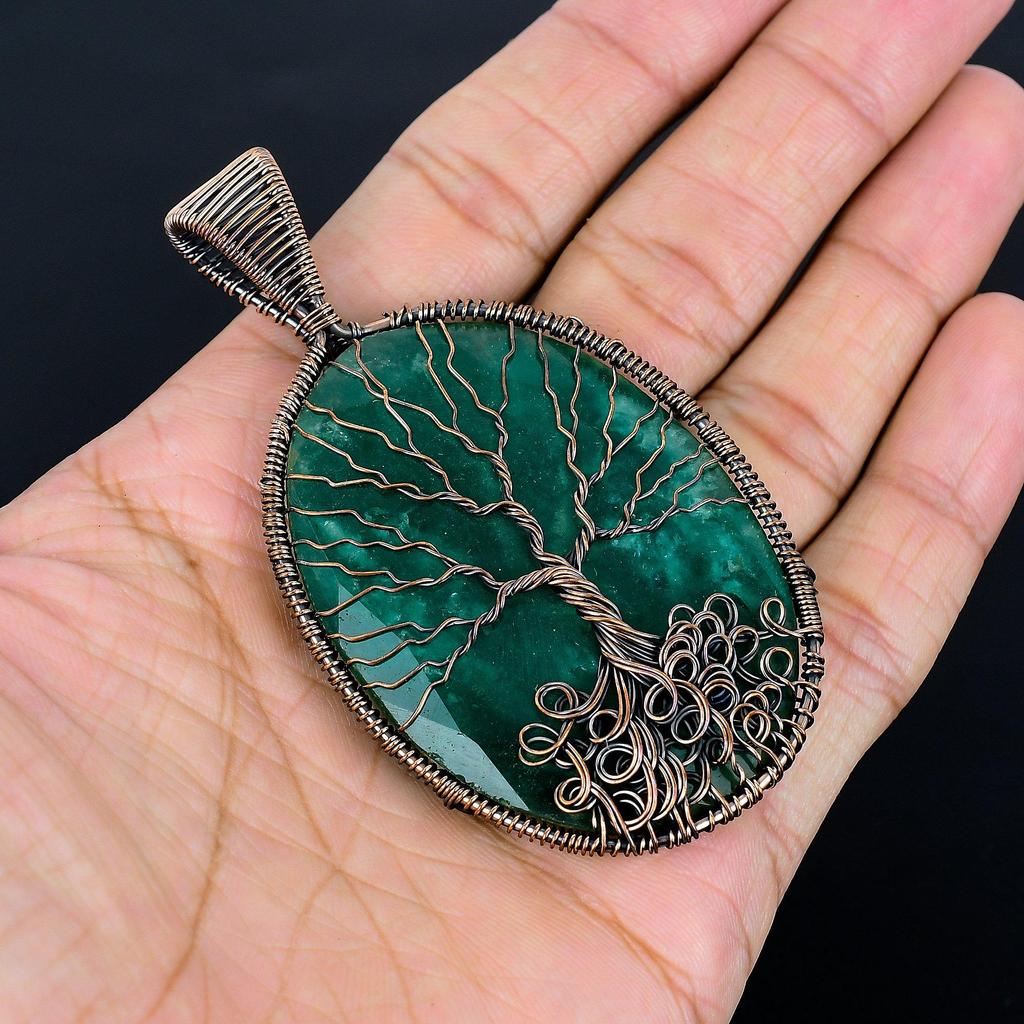 Tree Of Life Emerald Pendant, 999 Copper Wire Wrap Pendant Gemstone Jewelry, Handmade Pendant Amazing Jewelry, Gift For Her