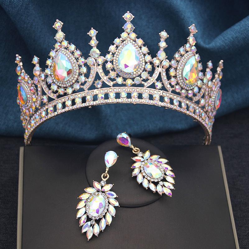Vintage Baroque Princess Crown and Earrings Set for Women Prom Bridal Wedding Tiara Jewelry Headwear Bride