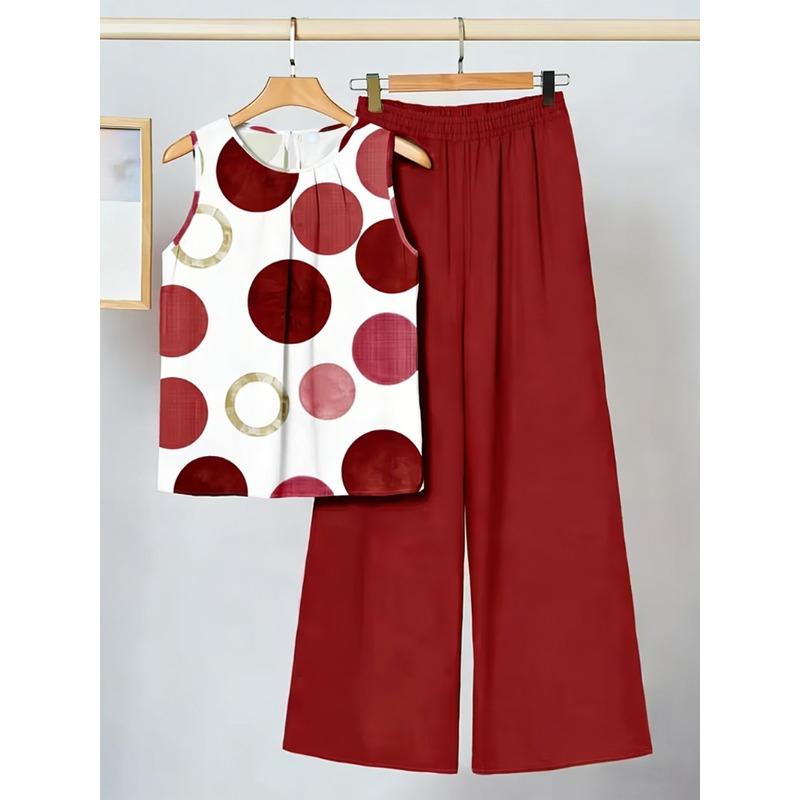 Plus Size Women's Summer Sleeveless Asymmetric Tank Top and Printed Pants Two Piece Set