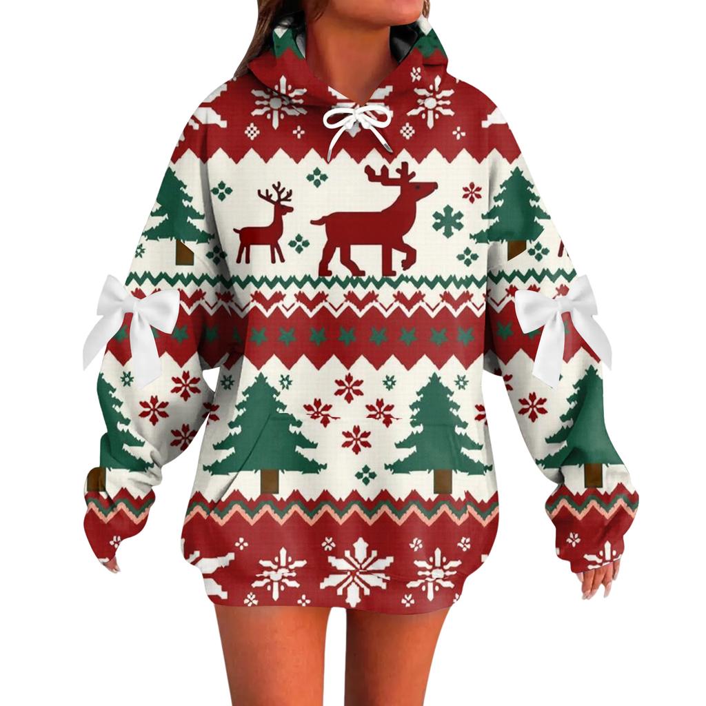 Ladies' Christmas Printed Bow Long Sleeved Loose Fitting Headband With Rope Hooded Sweatshirt Top